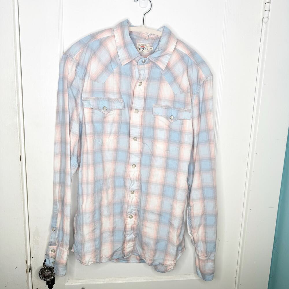 Faherty Artisan Twill Western Shirt Collared Pink Blue Plaid Pearlized Buttons M